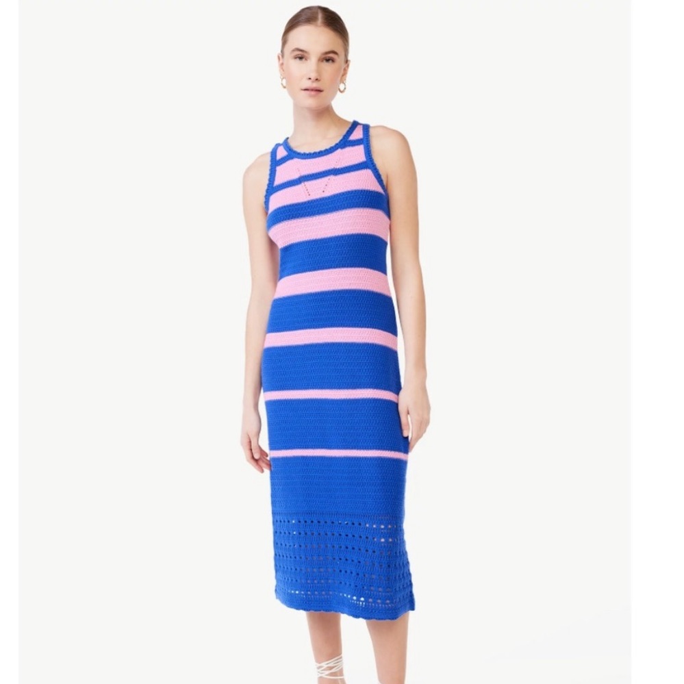 Scoop Blue And Pink Striped Crochet Dress